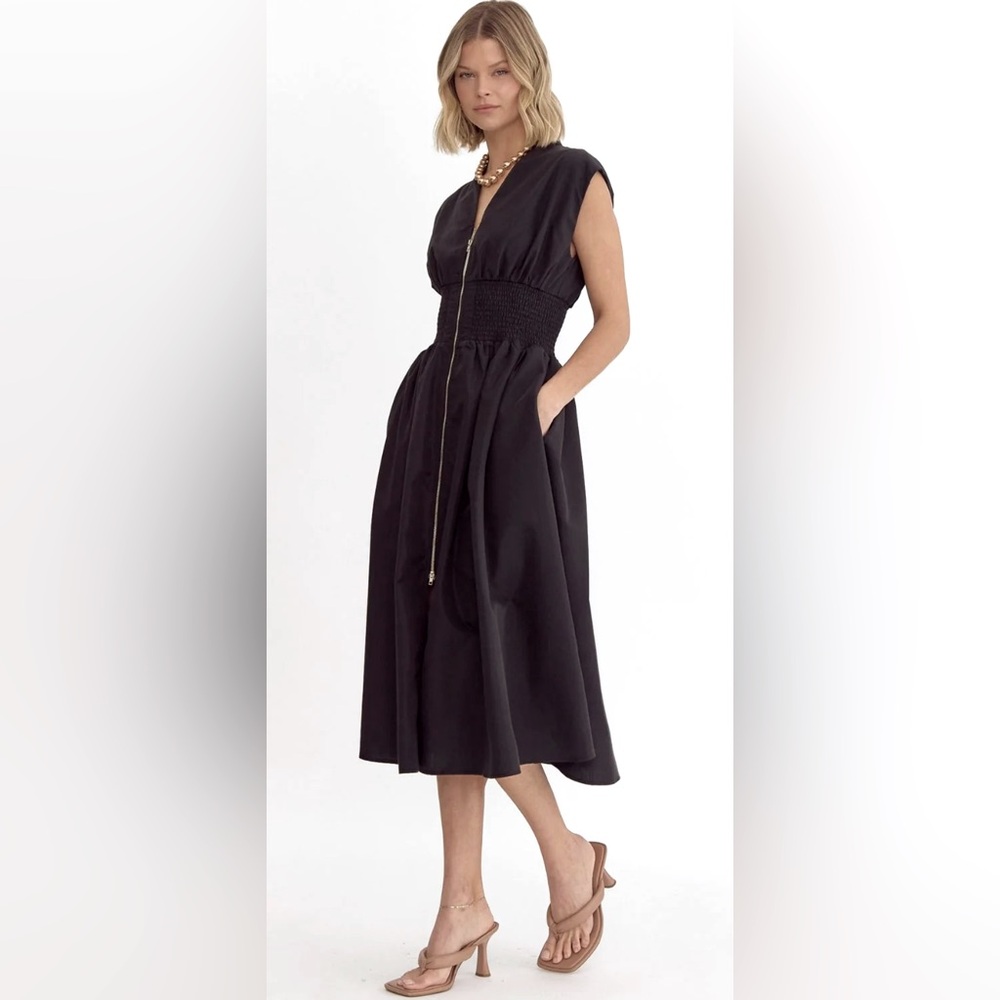 Entro Black Sleeveless Zipper Front Midi Dress NEW